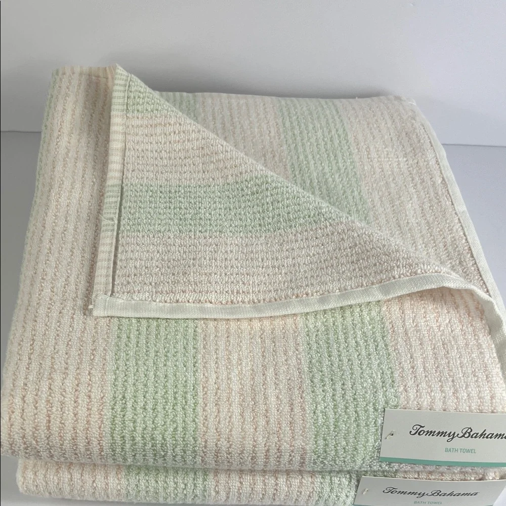 Tommy Bahama Bath Towels Pink Green White Striped Plush Cotton Set of 2 NEW